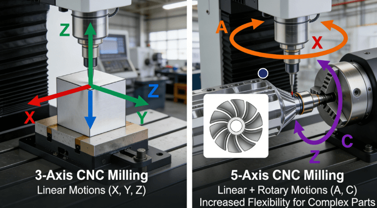 Diagram comparing the operational principles of 3-axis and 5-axis CNC milling, highlighting the additional rotational axes of A and C in 5-axis systems that enable machining of complex geometries.