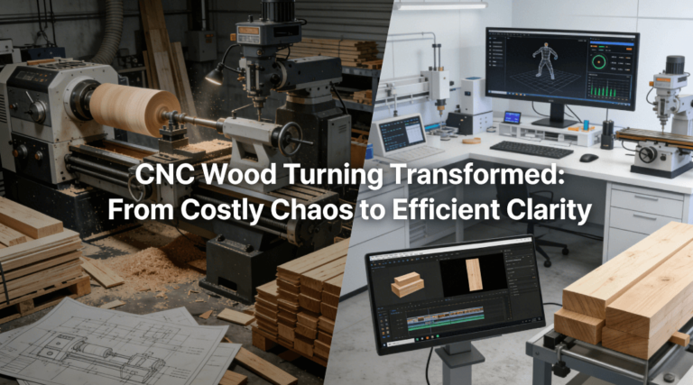 Traditional CNC wood turning process compared to modern video-enhanced approach using CapCut, showing cost reduction and design clarity in manufacturing