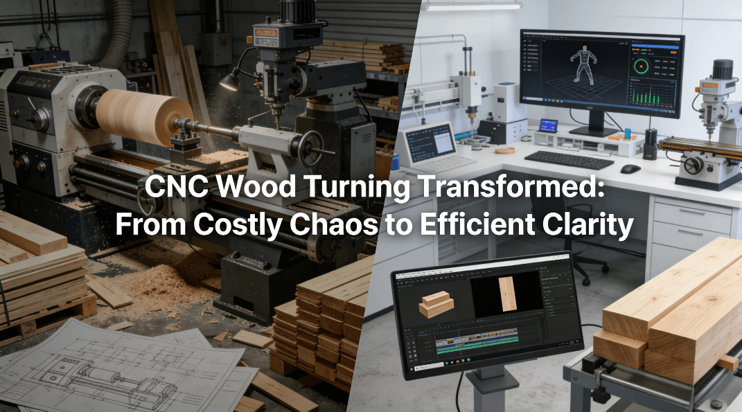 Traditional CNC wood turning process compared to modern video-enhanced approach using CapCut, showing cost reduction and design clarity in manufacturing