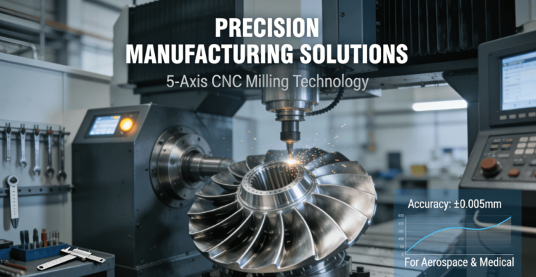 A high-precision 5-axis CNC milling machine in operation, machining a complex aerospace turbine blade component in a modern factory setting, emphasizing advanced manufacturing technology