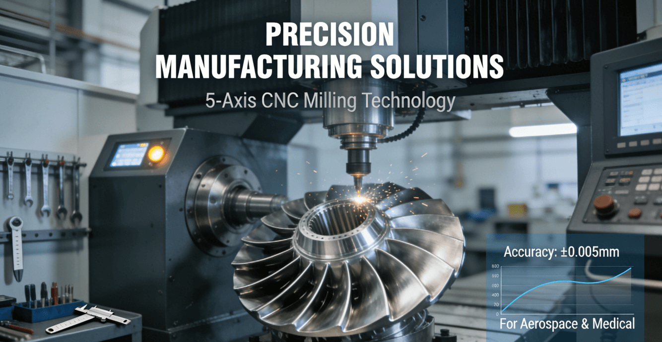 A high-precision 5-axis CNC milling machine in operation, machining a complex aerospace turbine blade component in a modern factory setting, emphasizing advanced manufacturing technology